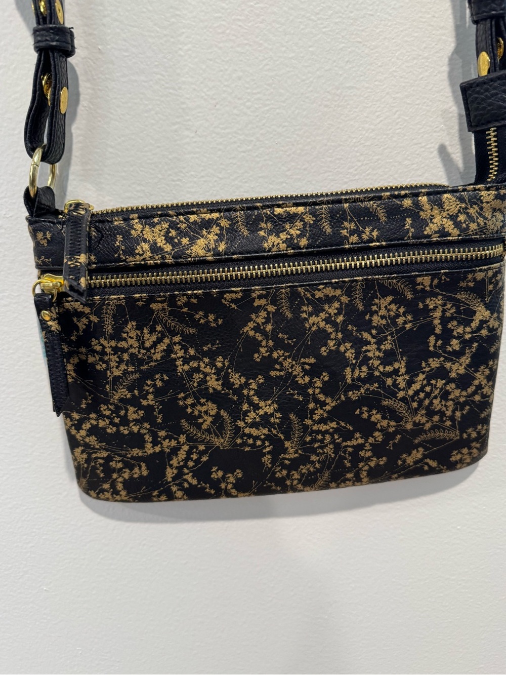 PAPAYA! Art Black Gold Floral Botanical Vegan Leather Crossbody Bag NWOT